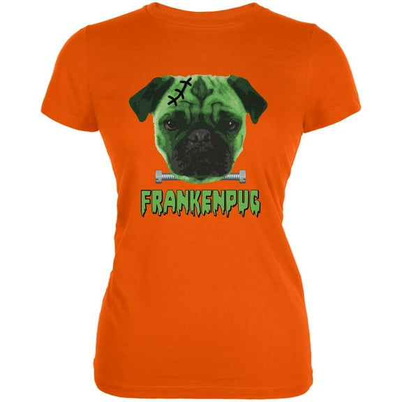 Halloween Franken Pug Dog Orange Juniors Soft T-Shirt - Medium