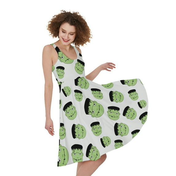 Halloween Frankenstein Pattern Print Sleeveless Knee Length Dress, Halloween Decorative Fashion Summer Maxi Dress For Women