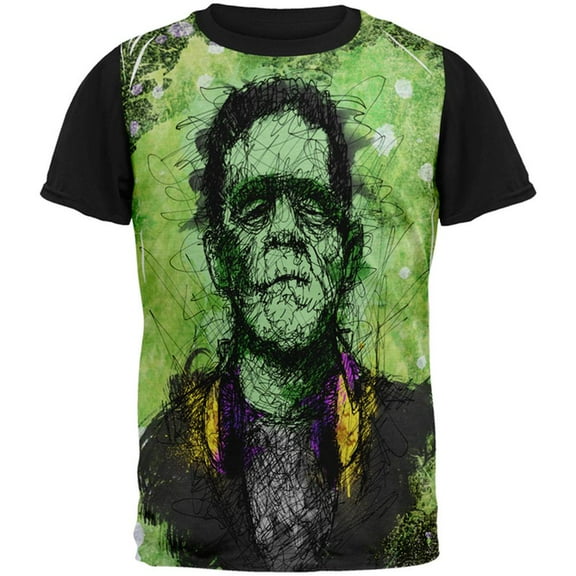Halloween Frankenstein Raver Horror Movie All Over Mens Black Back T Shirt Multi MD