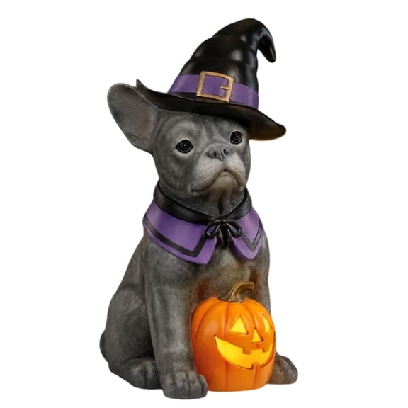 Halloween French Bulldog Statue with Light Up Pumpkin, Resin Dog Figurine with Witch Hat & Purple Collar, Indoor Outdoor Porch Yard Tabletop Halloween Decor, 7.87"