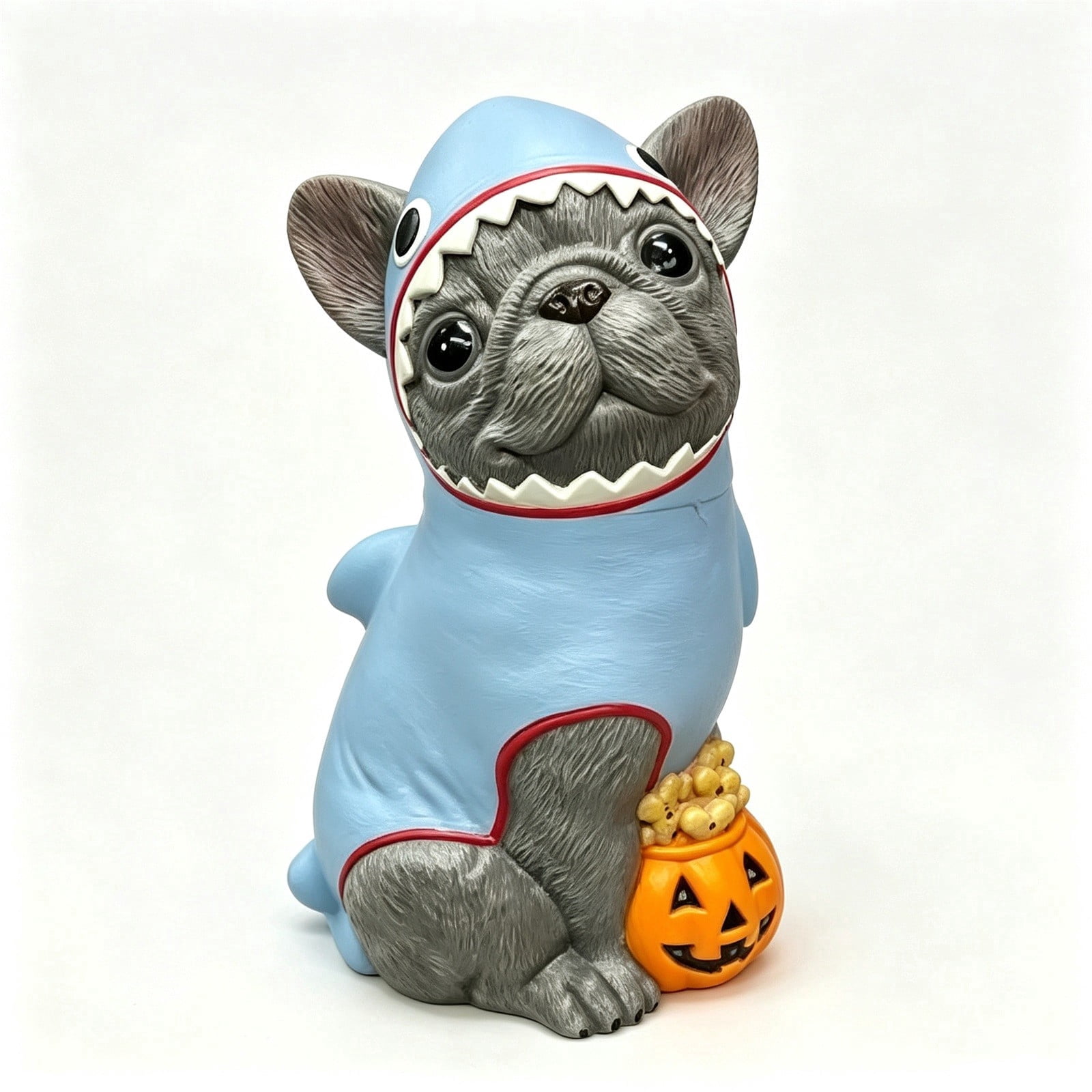 Halloween French Bulldog Statue, Resin Shark Costume Dog Figurine with Light Up Pumpkin Candy Bowl, Holiday Tabletop Porch Indoor Outdoor Decor, 7.87in