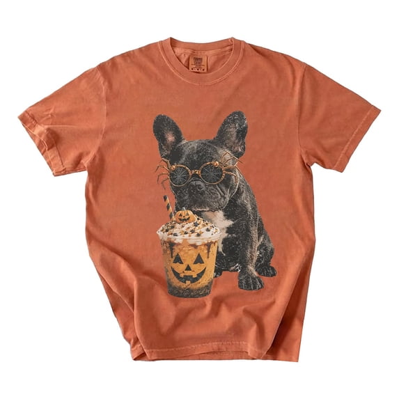 Halloween French Bulldog T-Shirt, Spooky Pumpkin Coffee Dog Graphic Tee