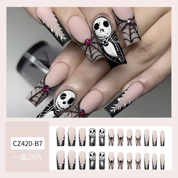 Halloween French spider web nail pieces red gemstone inlaid diamond water pipe nail cross-border hot sale skull wearing nail