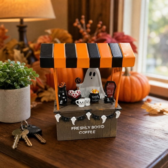 Halloween Freshly Boo'd Coffee Stand Resin Figurine, Adorable Spooky Ghost Coffee Booth Ornament, Cute Fall Tabletop Decor for Coffee Bar Kitchen Tiered Tray Halloween Party