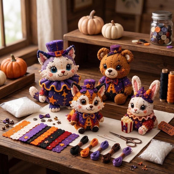 Halloween Friends 4 Piece DIY Patchwork Kit Collection, Four Styles Circus Animal Felt Sewing Kit, Complete Thread & Filling Accessories Craft Kit for Adult Crafters