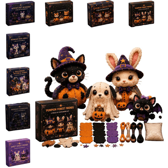 Halloween Friends 4 Piece DIY Patchwork Kit Collection, Halloween DIY Sewing Kit for Beginners, Witch Ghost Bat Themed Doll Craft Kit, Family Parent-Child Fall Handmade Activity Supplies G
