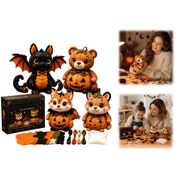 Halloween Friends 4 Piece DIY Patchwork Kit Collection, Soft Breathable Mesh Base Fabric DIY Sewing Craft Toy, Complete Handcraft Accessories for Adult Hobbyists (A)