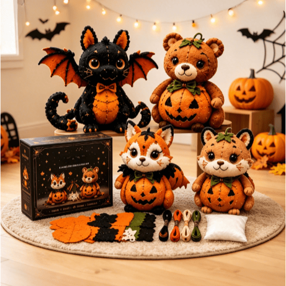Halloween Friends 4 Piece DlY Patchwork Kit Collection,Halloween DIY Sewing Kit, 4 Pcs Pre-Cut Felt Animal Stuffed Doll Making Set,Unique Handmade Gift for Craft Lovers