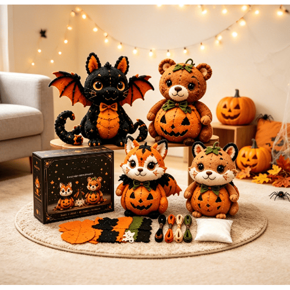 Halloween Friends 4 Piece DlY Patchwork Kit Collection,Halloween DIY Sewing Kit, 4 Pcs Pre-Cut Felt Animal Stuffed Doll Making Set,Unique Handmade Gift for Craft Lovers