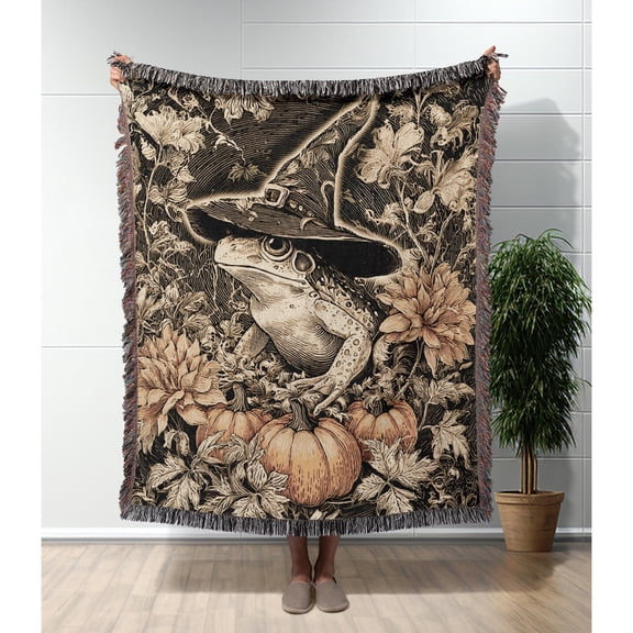 Halloween Frog and Pumpkin Woven Throw Blanket, Cotton with Fringed Edges for Seasonal Home Decor