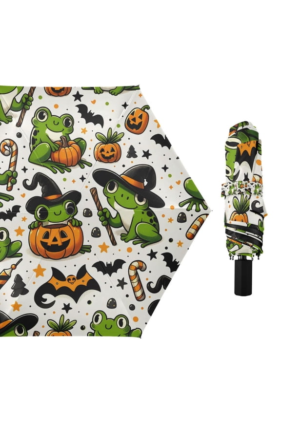 Halloween Frogs Pumpkin Candy Compact Sun Umbrella Windproof Travel Umbrellas for Rain Strong Portable UV Protection