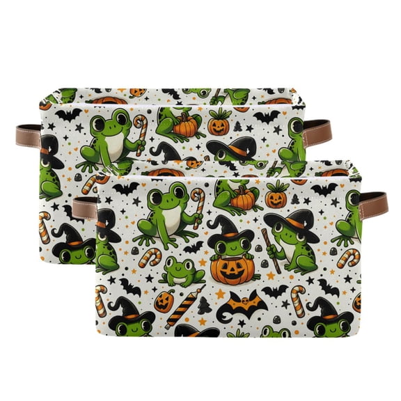 Halloween Frogs Pumpkin Candy Storage Bins with Handle Fabric Organizer Basket Foldable Box 2 Pack 14.2x10.2x8.3