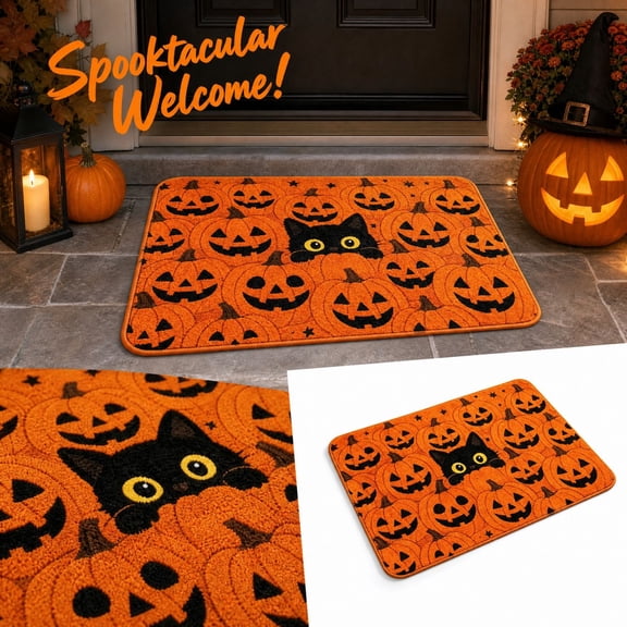 Halloween Front Black Door Mat Outside Inside Entrance 23.6in x 15.7in, Holiday Haunted Houses Outdoor Indoor Non Slip Doormat, Small Fall Shoes Off Doormat for Patio Home
