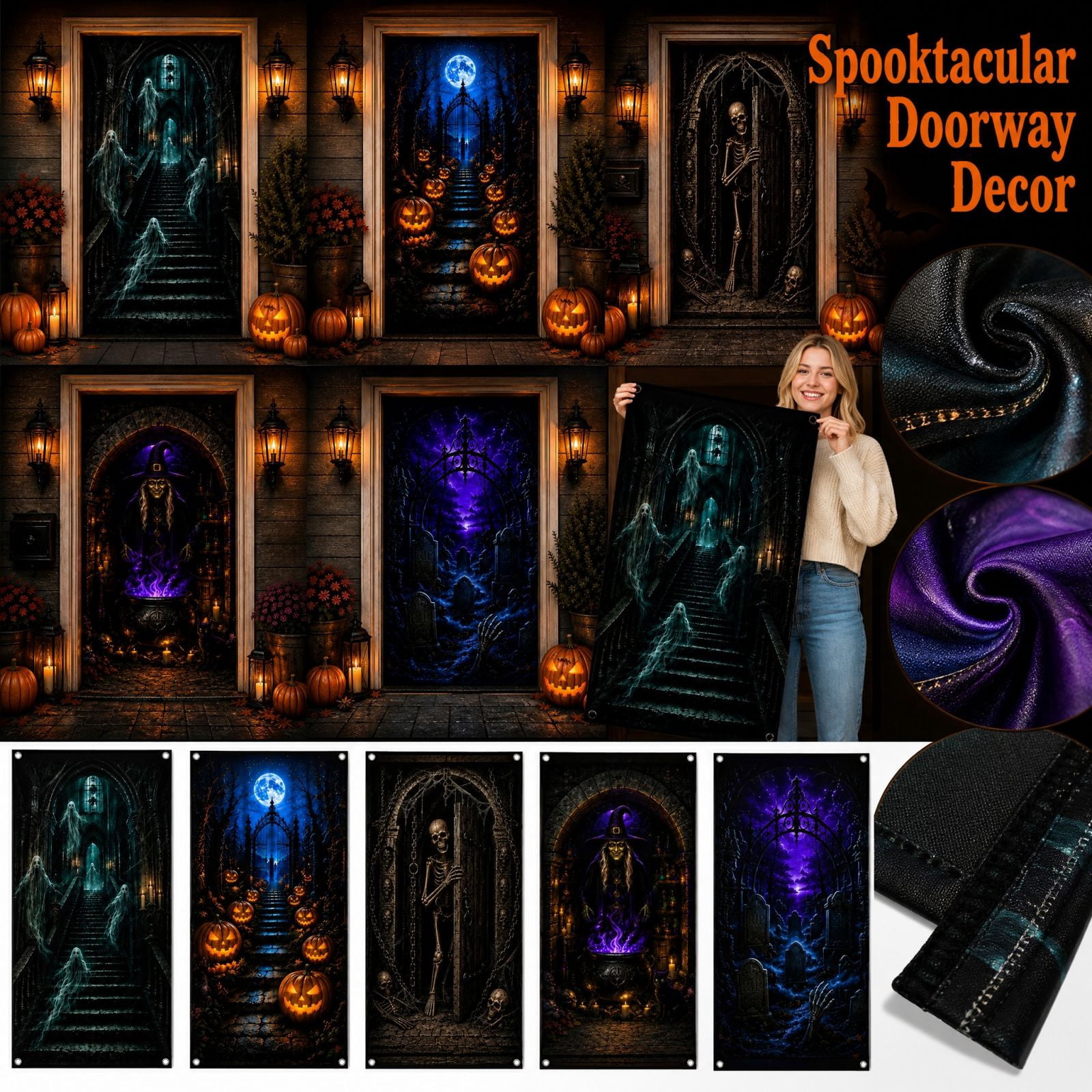 Halloween Front Door Decor Banner with Spooky Skeleton and Chains