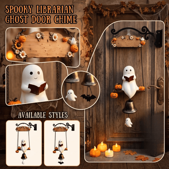 Halloween Front Door Decor, Halloween Ghost Decorations, Cute Ghost Decor, Halloween Door Decorations, Literary Ghost Reading Design Door Bell Chime with Tiny Jack O Lantern and