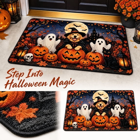 Halloween Front Door Mat with Cute Golden Retriever, Ghosts, Black Cat, and Pumpkins Design, 16X24 Inches, Non-Slip Indoor Floor Mat for Home Entryway and Kitchen, Halloween