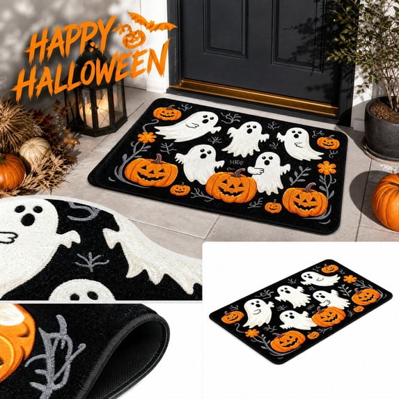 Halloween Front Door Mat with Cute Ghost and Pumpkin Design, 16X24 Inches, Black Non Slip Rug for Outdoor Porch Entrance Decoration