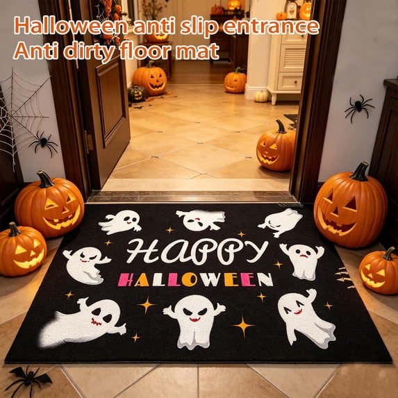 Halloween Front Porch Decor Happy Halloween Doormat 32 Inch Spooky Ghost Printed Non Slip Mat Indoor Outdoor Halloween Door Decor for Entryway Home Party, 1 Pack