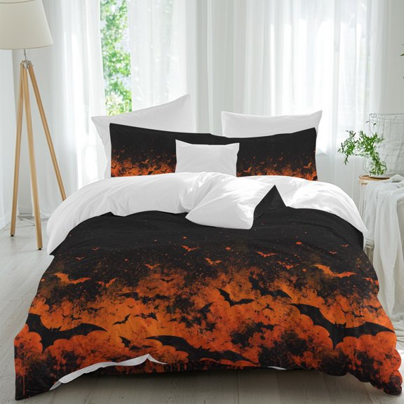 Halloween Full Duvet Cover Set, Spooky Red Night Fire Clouds Darkness Black Bats 4 Piece Microfiber Bedding Set with Zipper Closure, Bed Sheet and 2 Pillow Shams, Soft Bedding Cover
