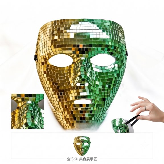 Halloween Full Face Mask, Disco Ball Reflective Full Face Covering, Silver Mirror Masquerade Mask, Light Up Rave Party Accessory, 8X7 Inch Glitter Mirror Face with Adjustable