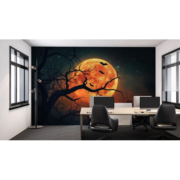 Halloween Full Moon Wall Mural, Peel and Stick Halloween Wallpaper, Spooky Moon and Bats Wallpaper, Removable Wall Mural, Halloween Wall Decor, VN642