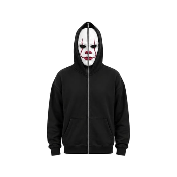 Halloween Full Zip Mask Hoodie ,Creepy Clown Face Black Jacket with See Through Eye Mesh for Theme Events & Parties Costume