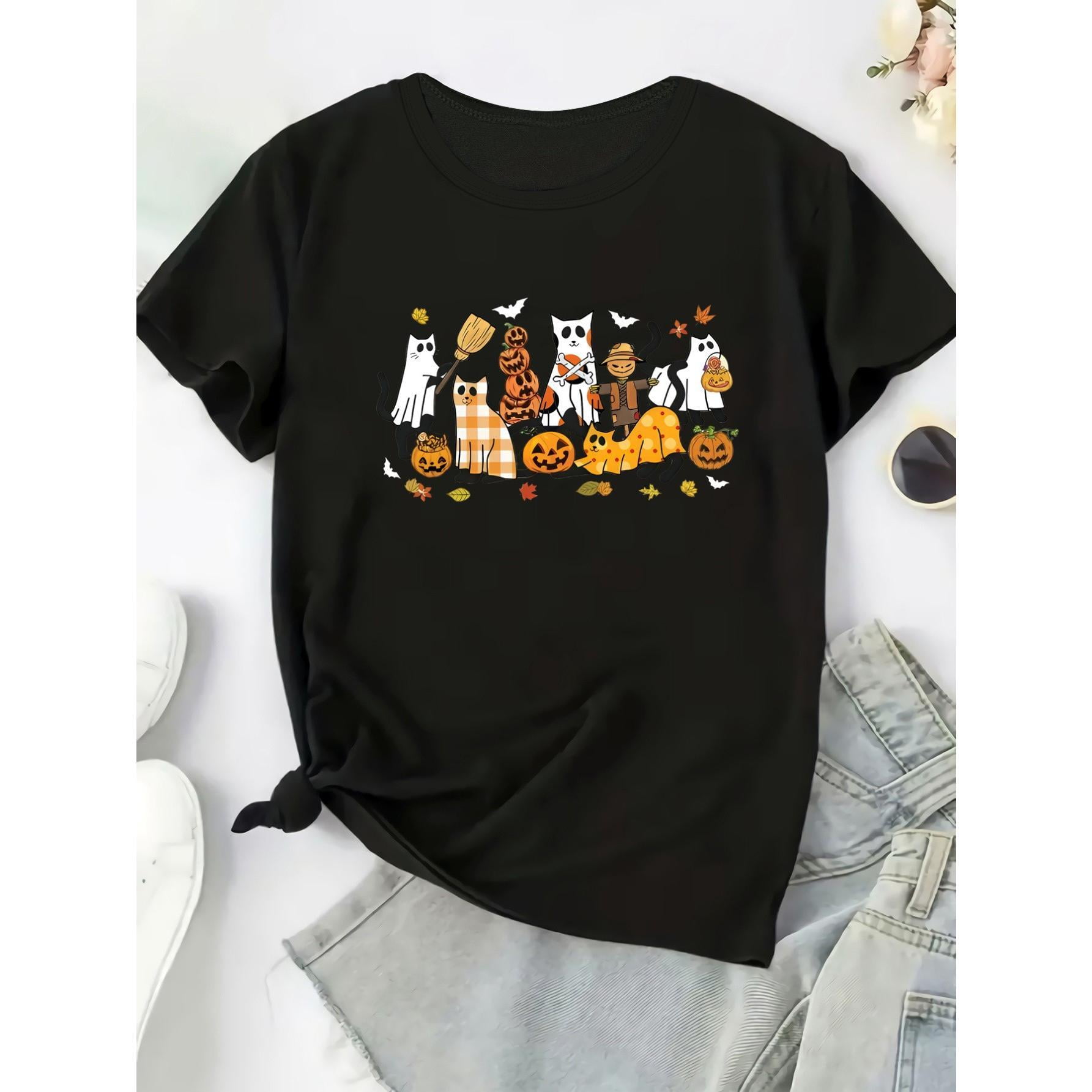 Halloween Fun Animals Graphic Tee Tops Has Bold Ghost Cat Halloween Fun Animals Graphic Tee Tops Has Bold Ghost Cat
