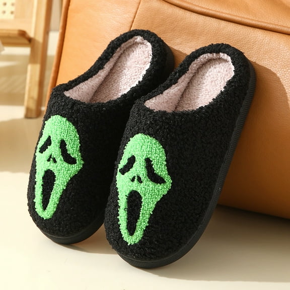 Halloween Fun Ghost Face Print Warm Winter Cartoon Slippers For Couples Indoor Home Cozy Days Halloween Celebrations Green CN：43(US:9.5)
