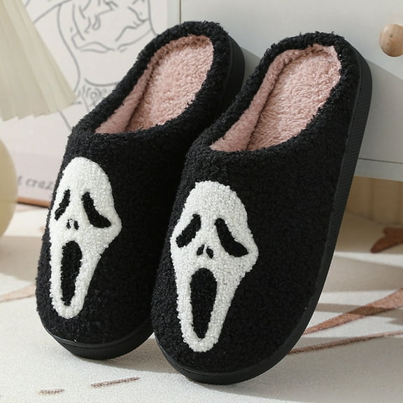 Halloween Fun Ghost Face Print Warm Winter Cartoon Slippers For Couples Indoor Home Cozy Days Halloween Celebrations White CN：43(US:9.5)
