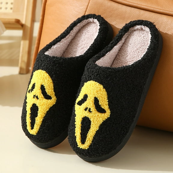 Halloween Fun Ghost Face Print Warm Winter Cartoon Slippers For Couples Indoor Home Cozy Days Halloween Celebrations Yellow CN：43(US:9.5)