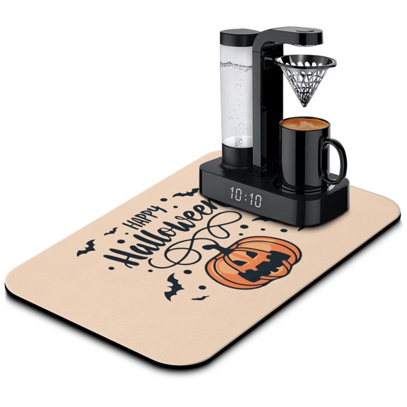 Halloween Fun Large, Absorbent, Reversible Diatom Ooze Coffee Dish Drying Mat with Black Bat Ghost, Pumpkin Spider Web Design, 19.5x12in