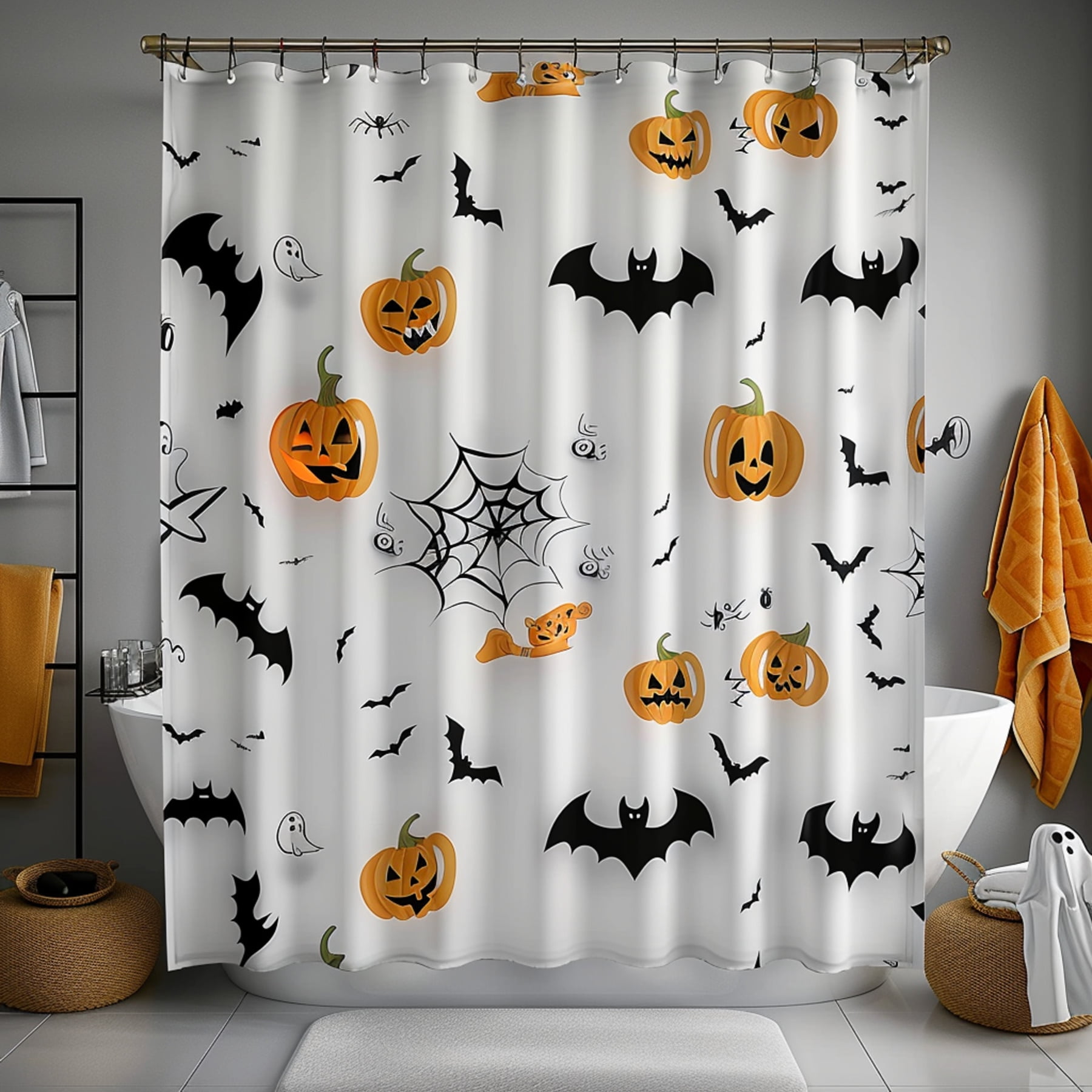 Halloween Fun White Shower Curtain with Black Bat and Spider Web Print ...