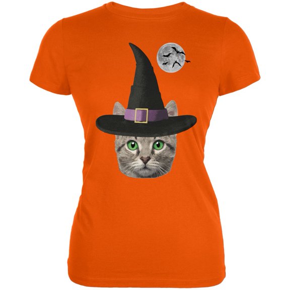Halloween Funny Cat Witch Orange Juniors Soft T-Shirt