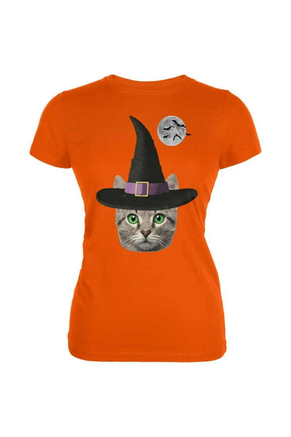 Halloween Funny Cat Witch Orange Juniors Soft T-Shirt
