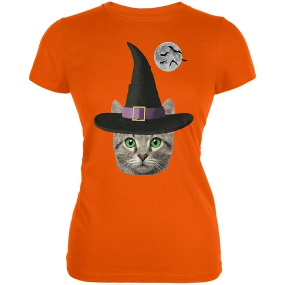 Halloween Funny Cat Witch Orange Juniors Soft T-Shirt