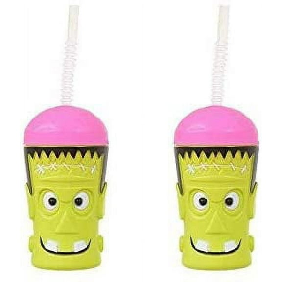 Halloween Funny Frankenstein Plastic Cup with Cover and Flexi Straw Spooky Fun Character Party Favors Drinking Cups Lid and Straw Drinking Set of 2 Sipping