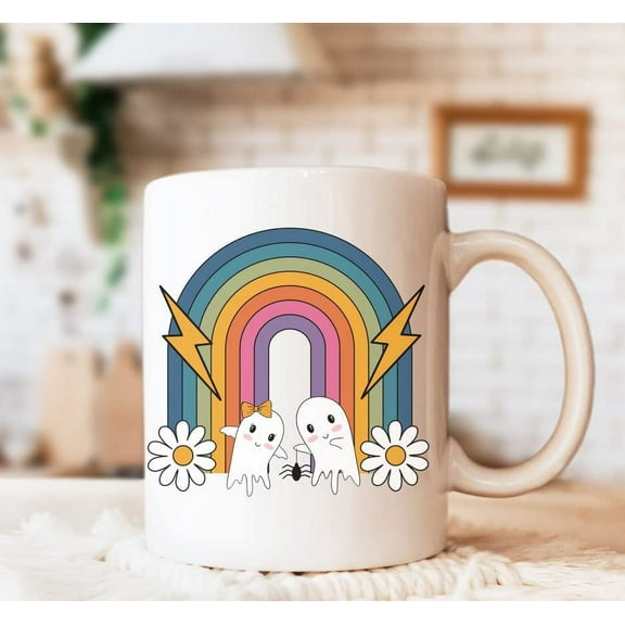 Halloween Funny Ghost Coffee Mug, Ghost Rainbow Flower Mug, Boo Ghost Cup, Pumpkin Mug, Ghost Halloween Mug, Funny Cute Spooky Halloween Mugs Fall Gifts Hallowen Pumpkins Mugs