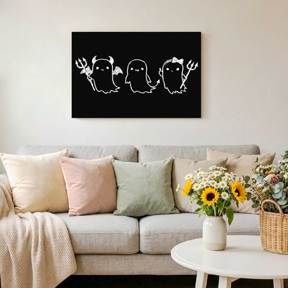 Halloween Funny Ghost with Forks Framed Canvas Wall Art Print in USA,Canvas Pictures Painting Prints White Devil Sketch on Black Wall Artwork for Home Office Living Room Bedroom Decor,10"x8"