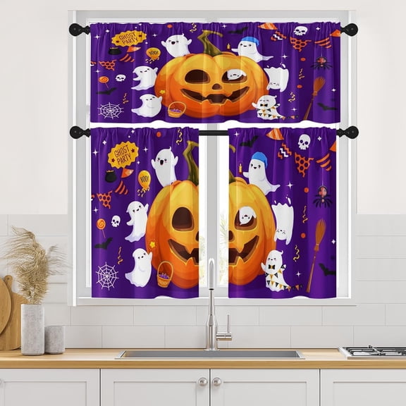 Halloween Funny Kawaii Kitchen Curtains Pumpkin Horror Spider Window Curtains Valance and Tier Set 36 Inch Rod Pocket Short Tier Curtain for Room, Cafe Kitchen Decor