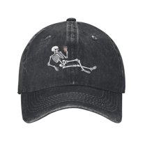 Halloween Funny Skeleton Drink Cocktail Baseball Cap Golf Dad Hat Adjustable Washed Denim Trucker Hats Unconstructed Snapback Cap for Men Women Unisex Adult,Black