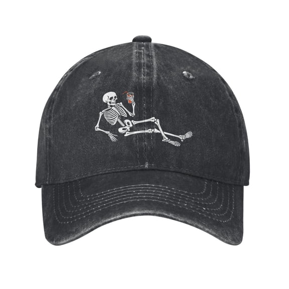 Halloween Funny Skeleton Drink Cocktail Baseball Cap Golf Dad Hat Adjustable Washed Denim Trucker Hats Unconstructed Snapback Cap for Men Women Unisex Adult,Black