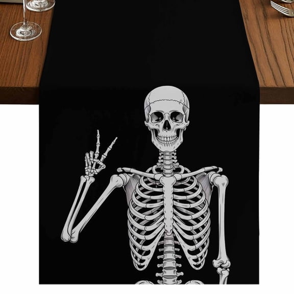 Halloween Funny Skull 48 Inch Table Runner, Scary Skeleton Abstract Black Farmhouse Dresser Scarf Cotton & Linen Tablerunner for Dining/Kitchen Island/Holiday Party Décor 13" x 48"