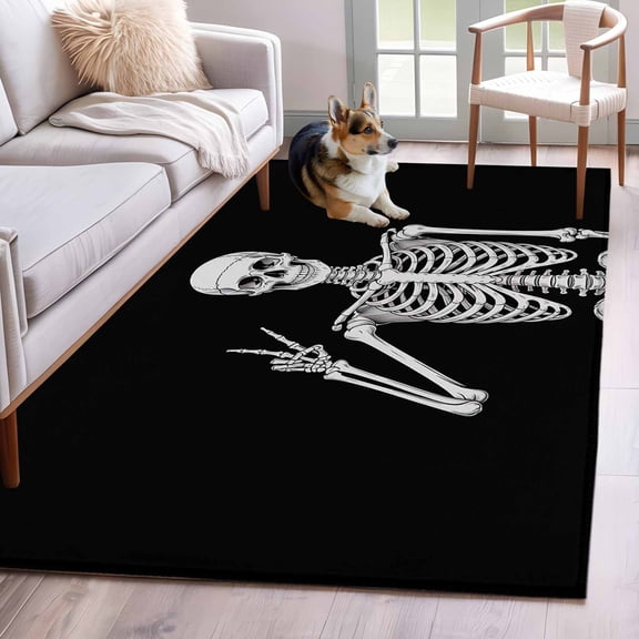 Halloween Funny Skull Area Rugs 4'x6', Washable Small Throw Rugs for Office Bathroom, Scary Skeleton Abstract Black Indoor Outdoor Rug Non-Slip Low Pile Carpet Runner Reversible Floor Mats
