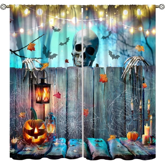 Halloween Funny Skull Curtains for Bedroom, Scary Skeleton Old Wooden Board Pumpkin Bat Spider Web Backdrop Decor Window Treatments, Blackout Drapes for Boys Teen Room Home, 52x84in