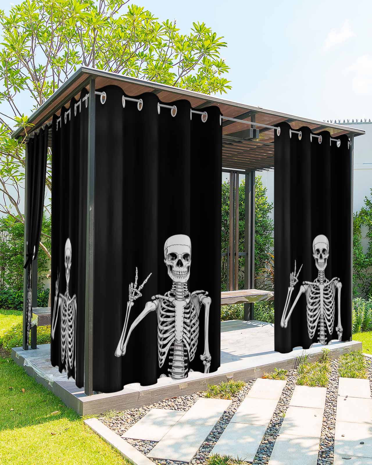 Halloween Funny Skull Outdoor Curtains for Patio, Scary Skeleton Abstract Black Privacy Drapes Grommet Waterproof Outside Curtains for Porch/Cabana/Balcony 54"x 95", 1 Panel