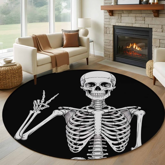 Halloween Funny Skull Round Area Rug 7Ft Washable Circle Rugs for Dorm Laundry Room, Scary Skeleton Abstract Black Non-Slip Carpet Floor Mats Indoor Outdoor Carpet Runner Aesthetic Home Decor