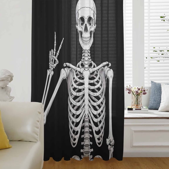 Halloween Funny Skull Semi Sheer Curtains Drapes for Living Room, Bedroom, French Doors Window 45 Inches Long, Scary Skeleton Abstract Black Rod Pocket Chiffon Curtain Drapery Voile Draperies Panel