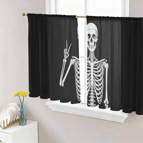 Halloween Funny Skull Sheer Curtains 54 Inch Length 2 Panels Set Window Treatments, Scary Skeleton Abstract Black Rod Pocket Semi Curtains for Living Room/Bedroom/Kitchen Décor, 104"W x 54"L