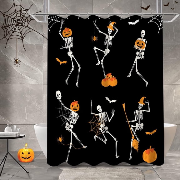 Halloween Funny Skull Shower Curtain Black Gothic Dance Skeleton Music Party Vintage Dancing Cartoon Pumpkin Bathroom Decor Curtain, 72 W x 72 H inches