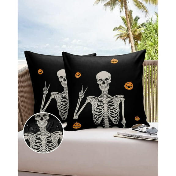 Halloween Funny Skull Skeleton Outdoor Pillow Covers Waterproof Throw Pillow Cover 18x18in Set of 2,Square Decorative Pillowcases Cushion Case for Patio Sofa Couch,Spooky Pumpkin Ghost Face on Black